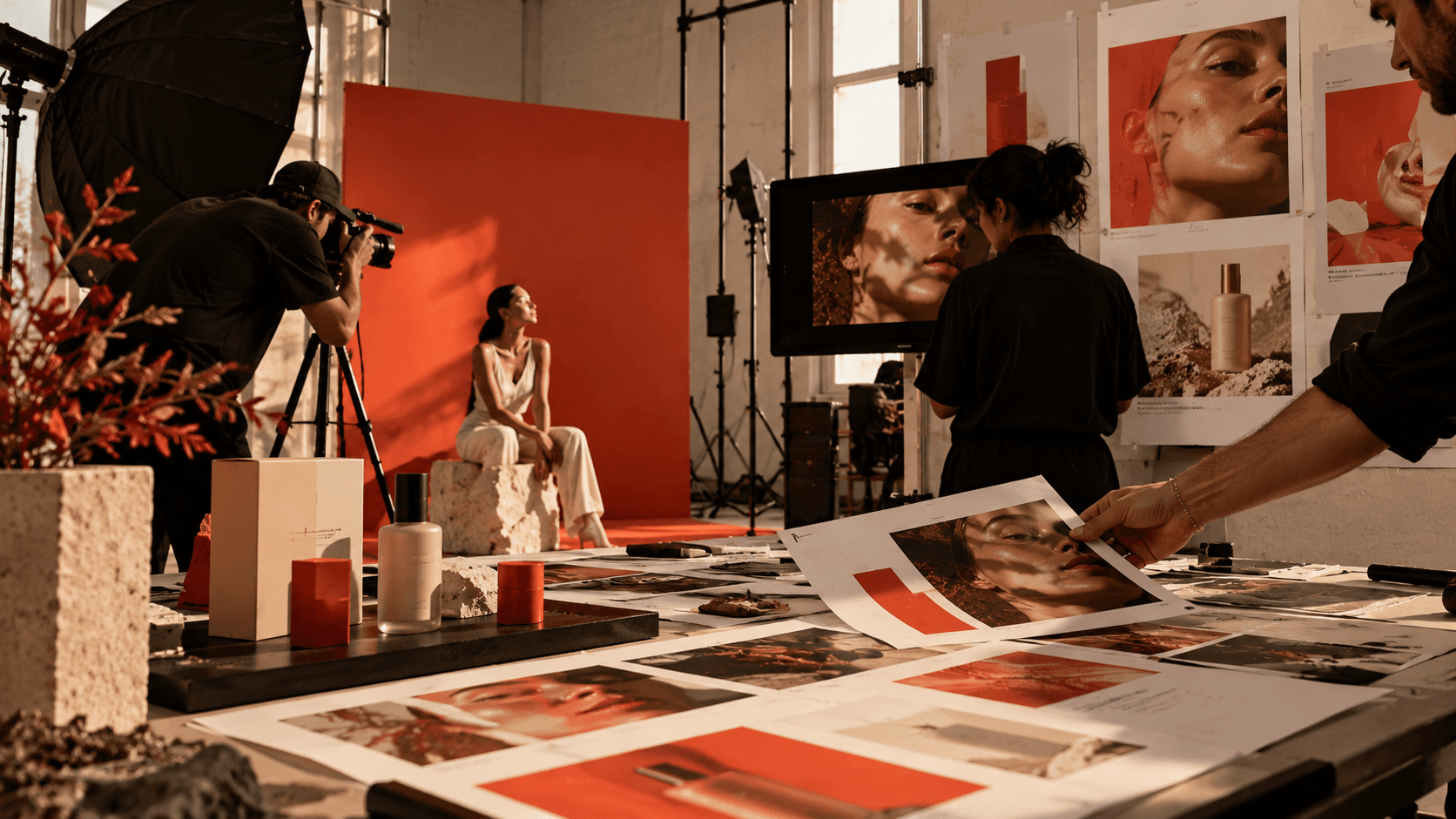 Photographer shooting a model on a coral backdrop while the team reviews printed campaign proofs