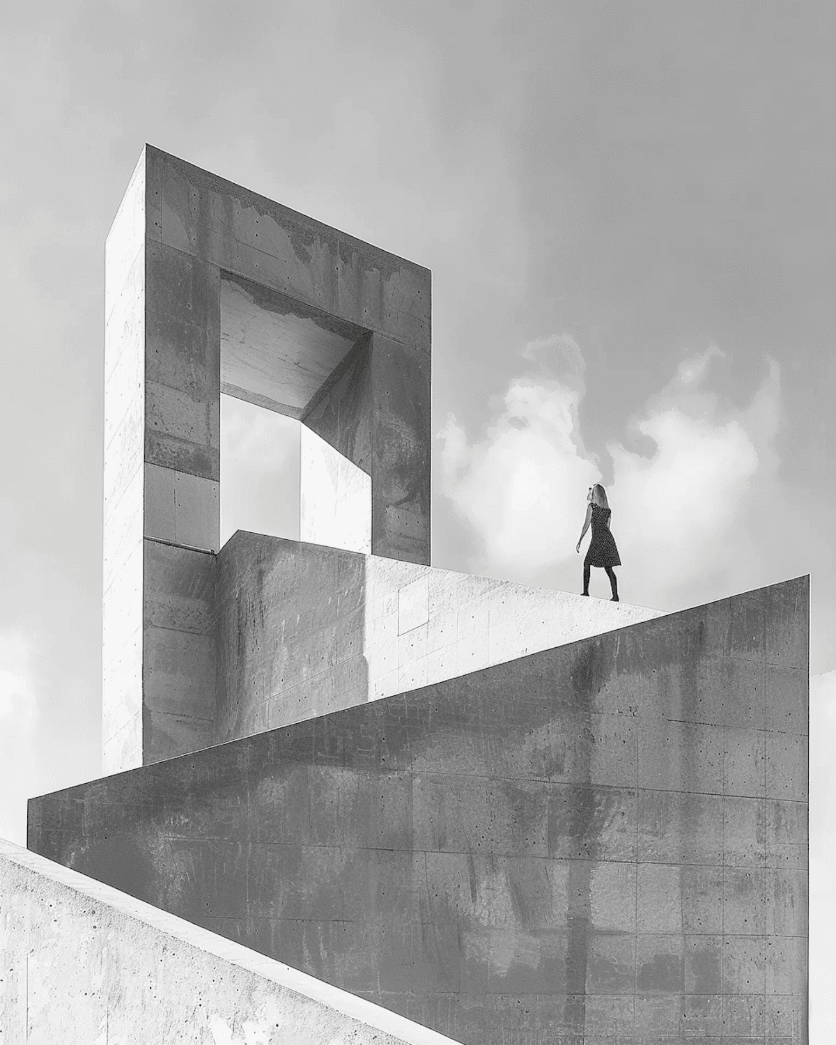 Person standing on a geometric concrete structure against a cloudy sky